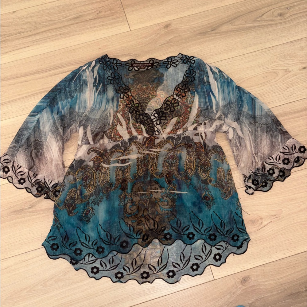 Sheer Multicolor Boho Top with Black Floral Accents